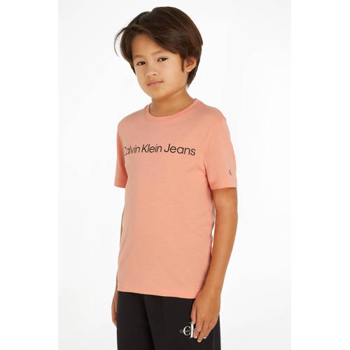 Calvin Klein T-shirt met tekst lichtoranje Jongens Meisjes Katoen Ronde hals 104