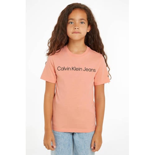 Calvin Klein T-shirt met tekst lichtoranje Jongens Meisjes Katoen Ronde hals 104