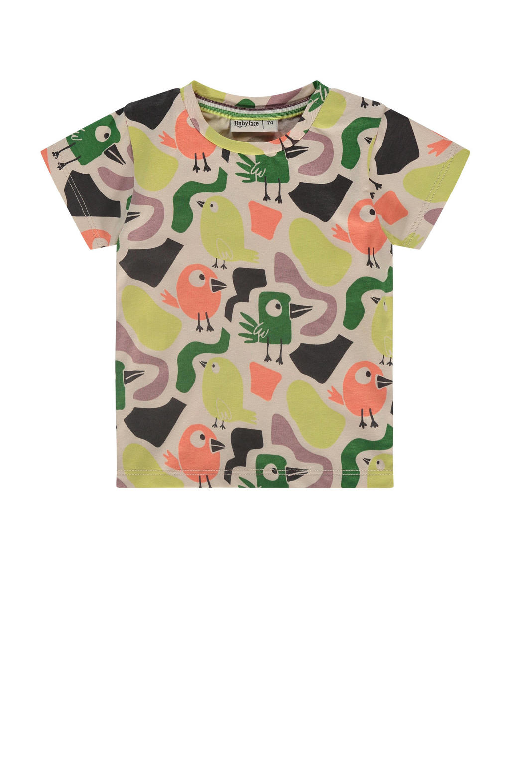 Groen, roze en ecru jongens Babyface baby T-shirt van stretchkatoen met korte mouwen, ronde hals en drukknoopsluiting