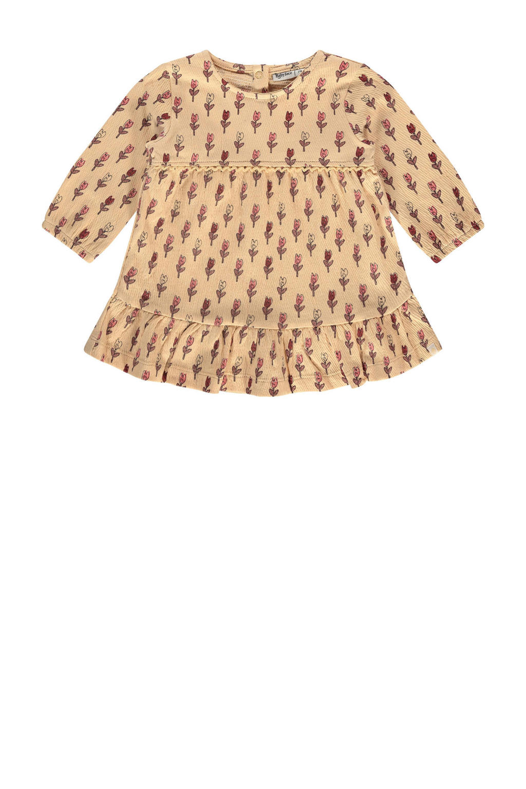 Beige en roze meisjes Babyface baby jurk met ruches van stretchkatoen met lange mouwen, ronde hals en drukknoopsluiting