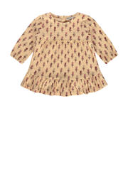 thumbnail: Beige en roze meisjes Babyface baby jurk met ruches van stretchkatoen met lange mouwen, ronde hals en drukknoopsluiting