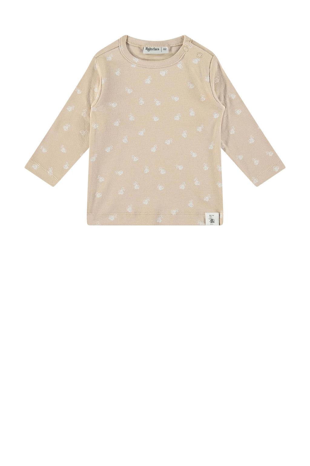 Beige jongens en meisjes Babyface longsleeve van stretchkatoen met lange mouwen, ronde hals en drukknoopsluiting