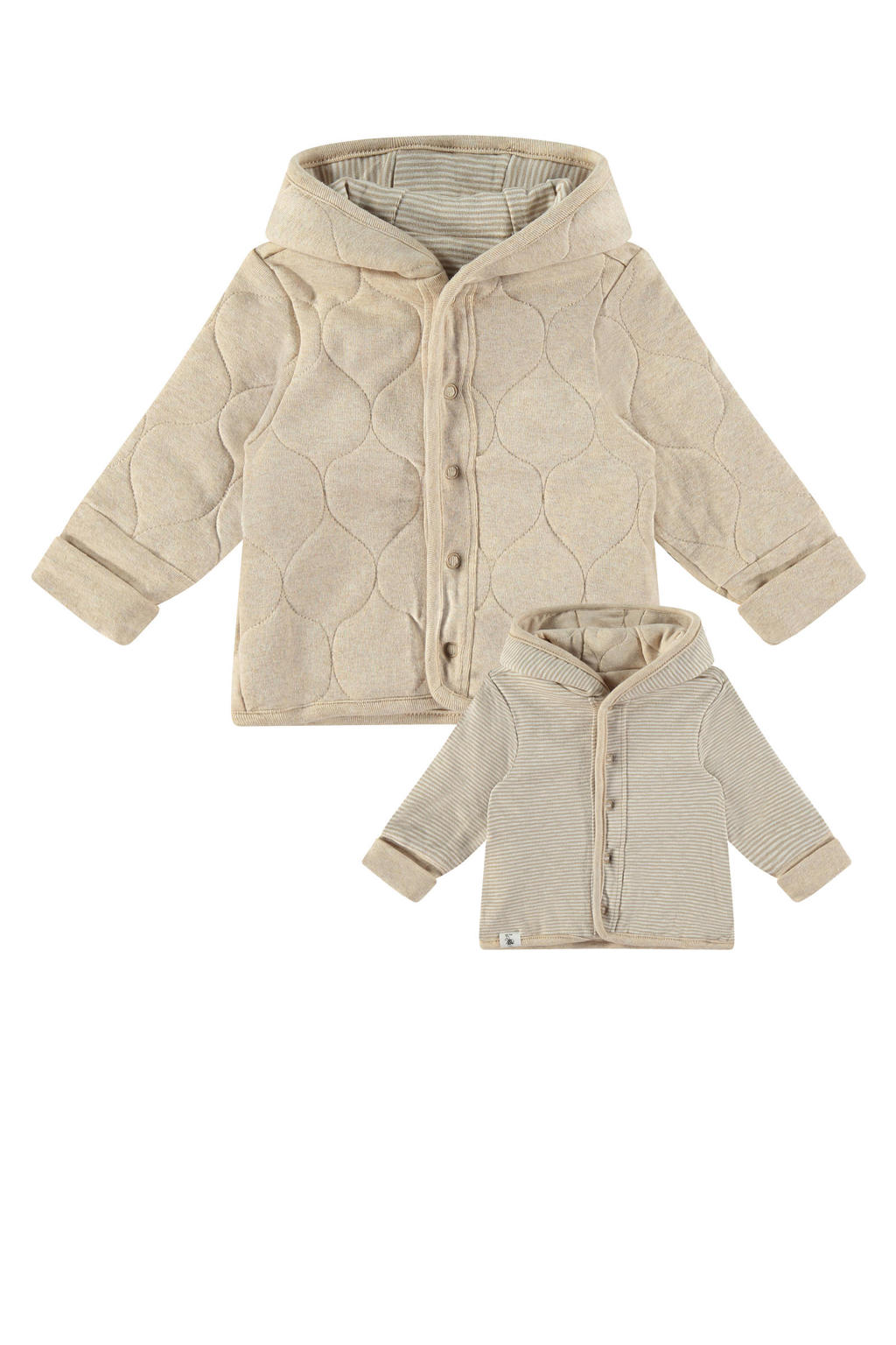 Beige jongens en meisjes Babyface reversible tussenjas van stretchkatoen met meerkleurige print, lange mouwen, capuchon en drukknoopsluiting