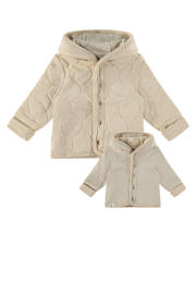 thumbnail: Beige jongens en meisjes Babyface reversible tussenjas van stretchkatoen met meerkleurige print, lange mouwen, capuchon en drukknoopsluiting