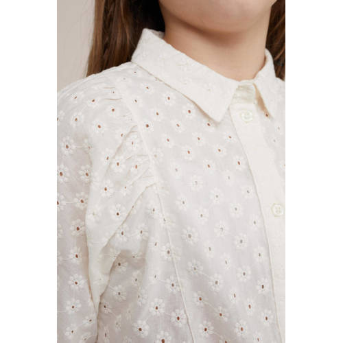 WE Fashion blouse met ruches ecru Meisjes Katoen Klassieke kraag 110 116