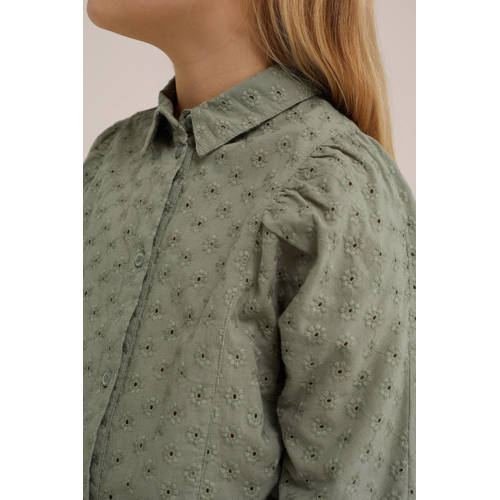 WE Fashion blouse met ruches groen Meisjes Katoen Klassieke kraag Effen 122 128