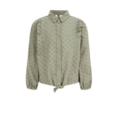 WE Fashion blouse met ruches groen Meisjes Katoen Klassieke kraag Effen - 122/128