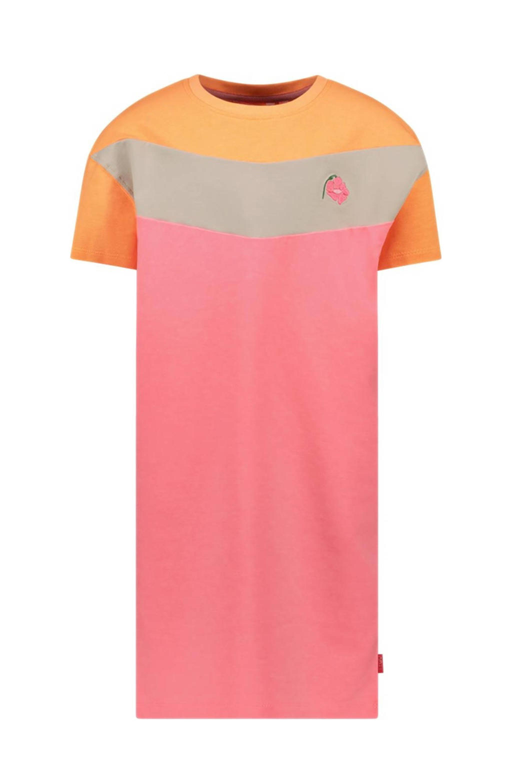 Roze, oranje en zandkleurige meisjes TYGO & vito sweatjurk Nelly met meerkleurige print, korte mouwen en ronde hals