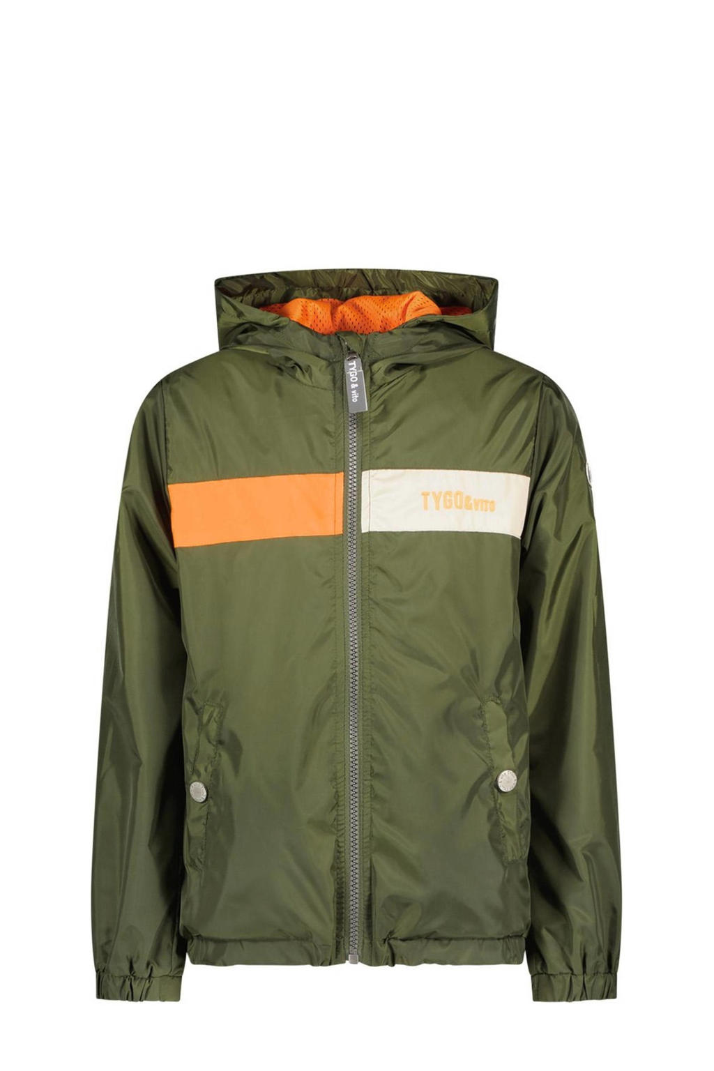 Donkergroen, oranje en witte jongens TYGO & vito zomerjas Jayro van polyester met meerkleurige print, lange mouwen, capuchon en ritssluiting