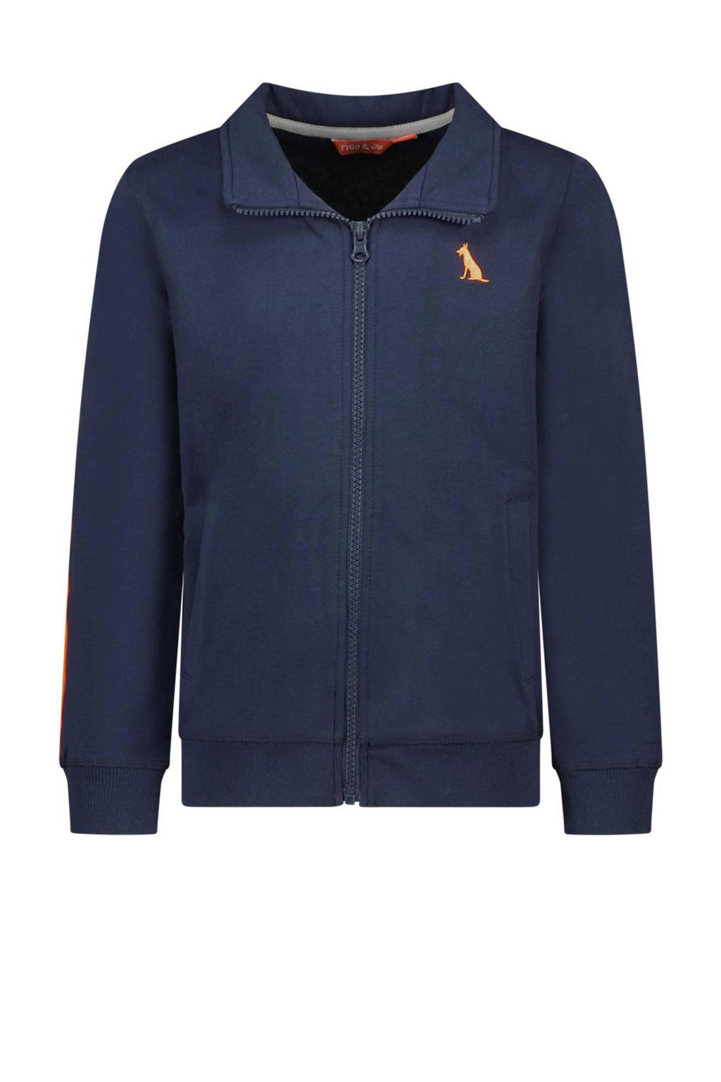 Blauwe jongens TYGO & vito sweatvest Vesper met logo dessin, lange mouwen, klassieke kraag, ritssluiting en contrast bies