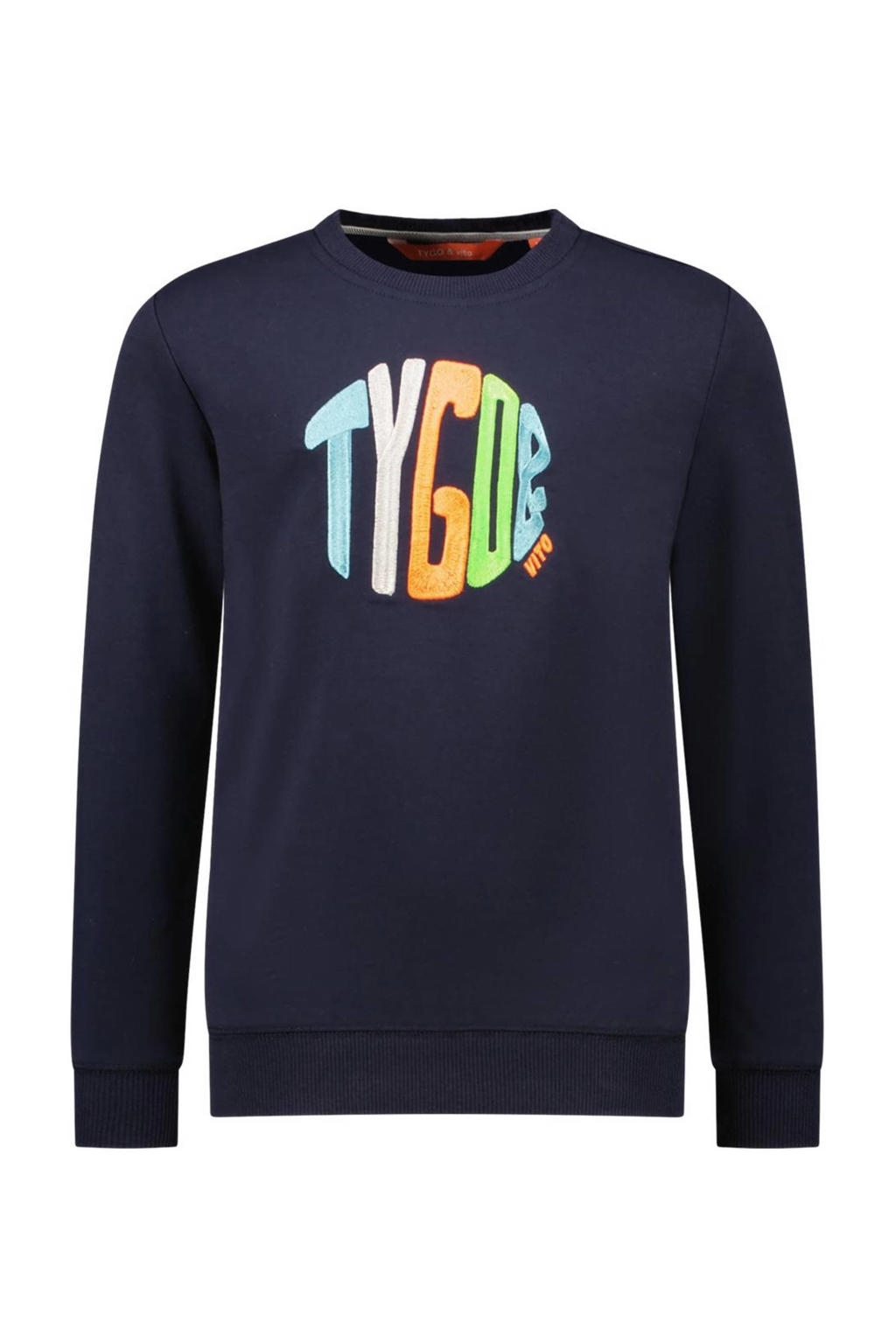 Donkerblauw en multikleurige jongens TYGO & vito sweater Sem met logo dessin, lange mouwen en ronde hals