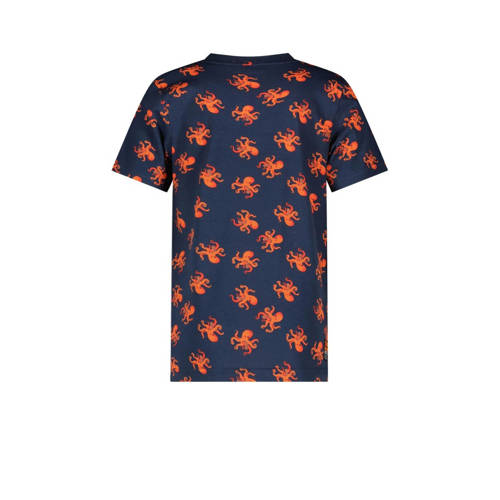 TYGO & vito T-shirt Thijs met all over print donkerblauw oranje Jongens Biologisch katoen Ronde hals 110 116