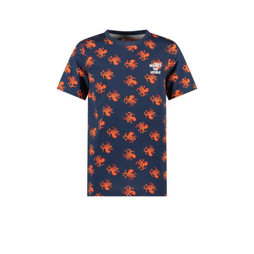 TYGO & vito T-shirt Thijs met all over print donkerblauw/oranje Jongens Katoen Ronde hals