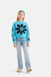 thumbnail: Turquoise meisjes Shoeby trui van katoen met lange mouwen en ronde hals