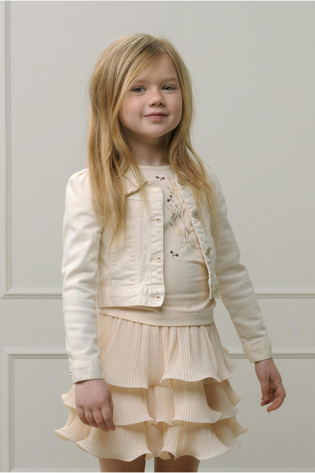 Witte meisjes Le Chic zomerjas van katoen met effen, lange mouwen, klassieke kraag en knoopsluiting