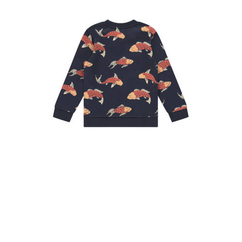 Stains&Stories sweater met all over print donkerblauw oranje Jongens Biologisch katoen Ronde hals 104