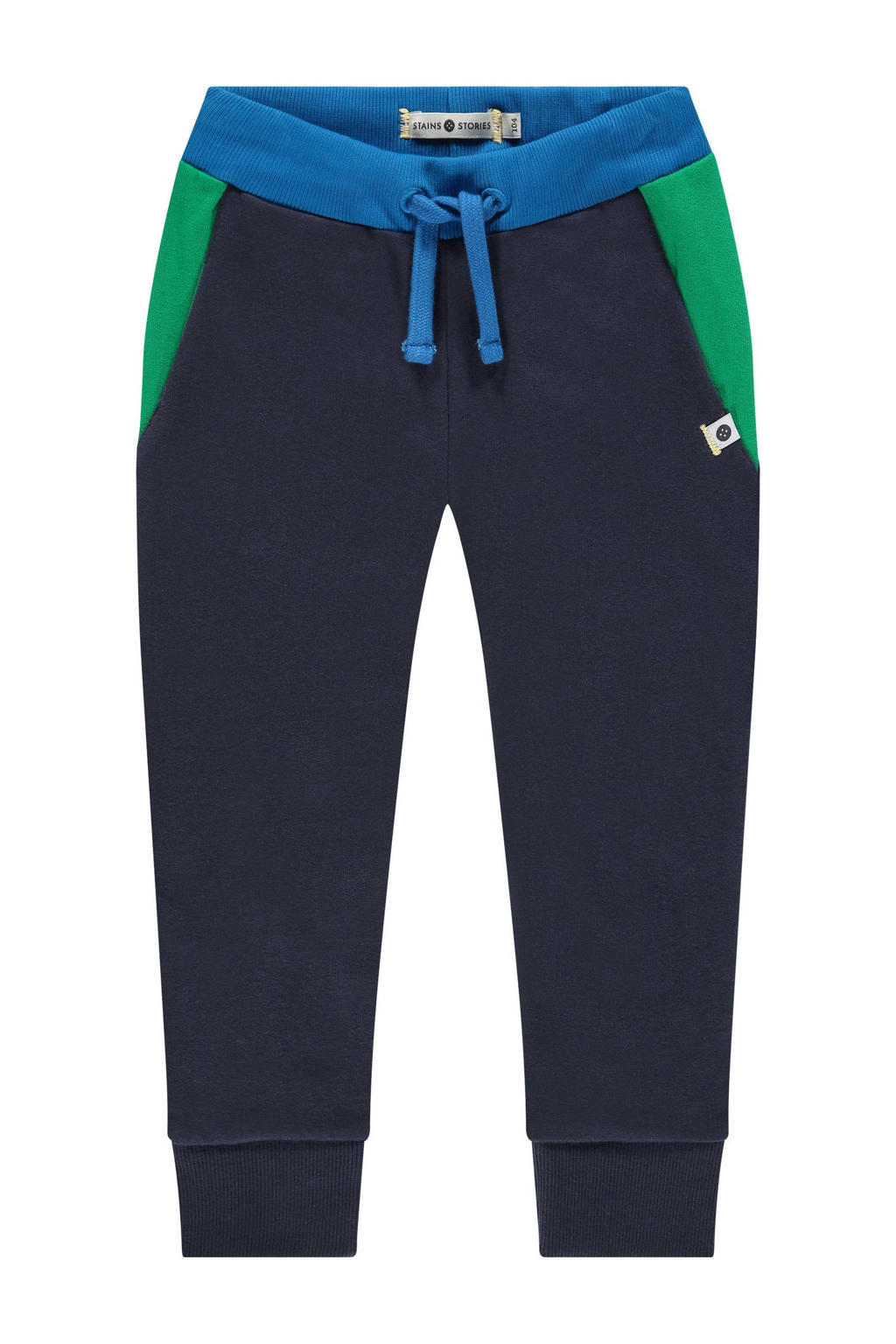 Donkerblauw en groene jongens Stains&Stories regular fit broek van sweat materiaal met elastische tailleband met koord en meerkleurige print