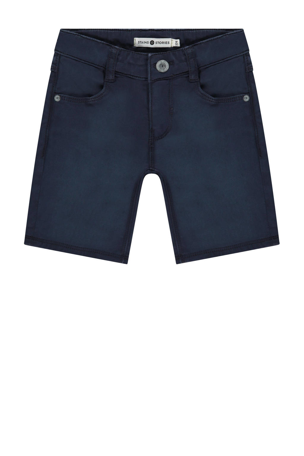 Blauwe jongens Stains&Stories casual short van stretchkatoen met regular waist, rits- en haaksluiting en effen