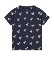 thumbnail: Blauw, donkerblauw en ecru jongens Stains&Stories T-shirt van stretchkatoen met korte mouwen, ronde hals en drukknoopsluiting
