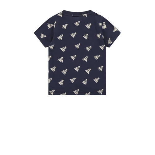 Stains&Stories T-shirt met all over print donkerblauw ecru Jongens Stretchkatoen Ronde hals 86