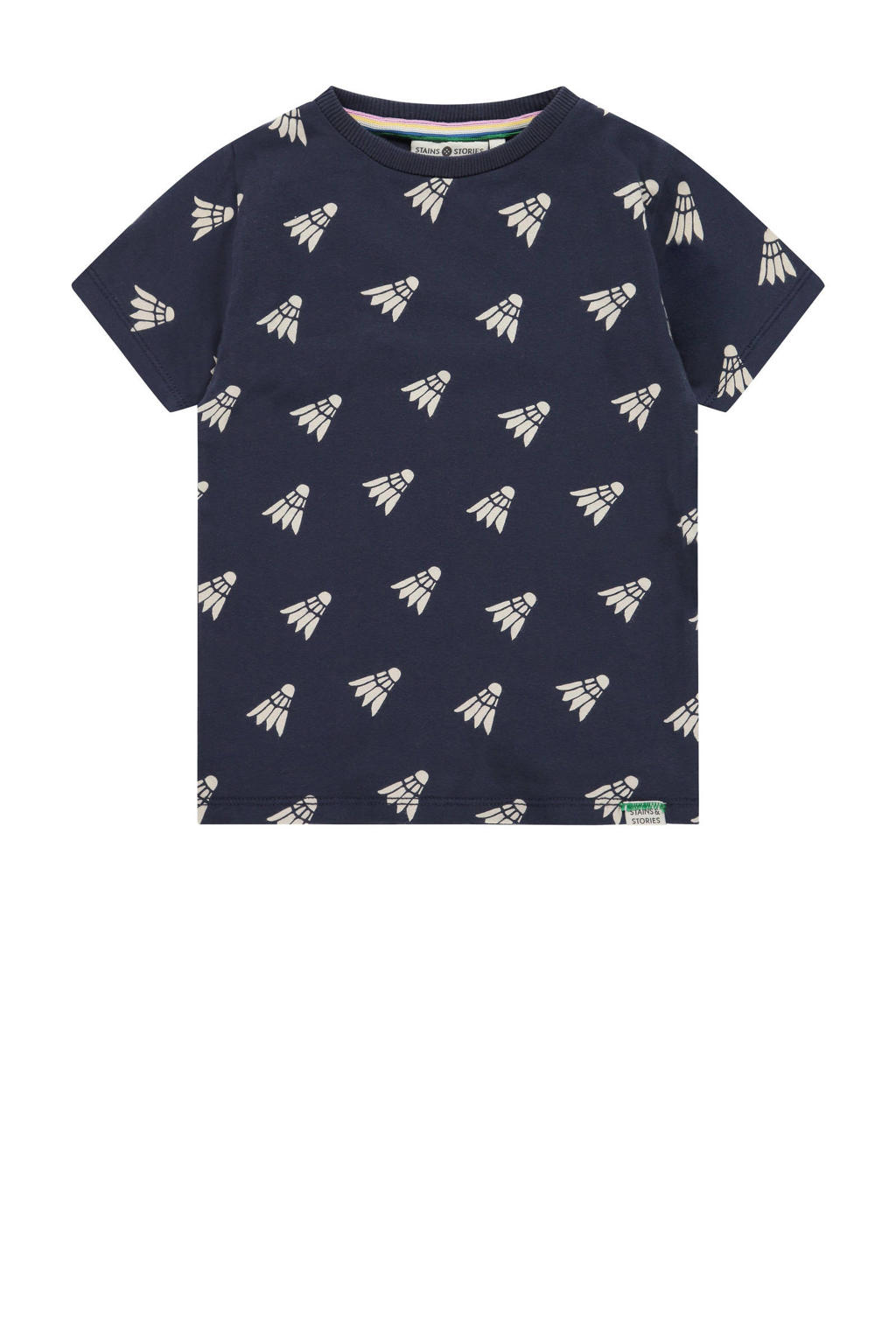 Blauw, donkerblauw en ecru jongens Stains&Stories T-shirt van stretchkatoen met korte mouwen, ronde hals en drukknoopsluiting