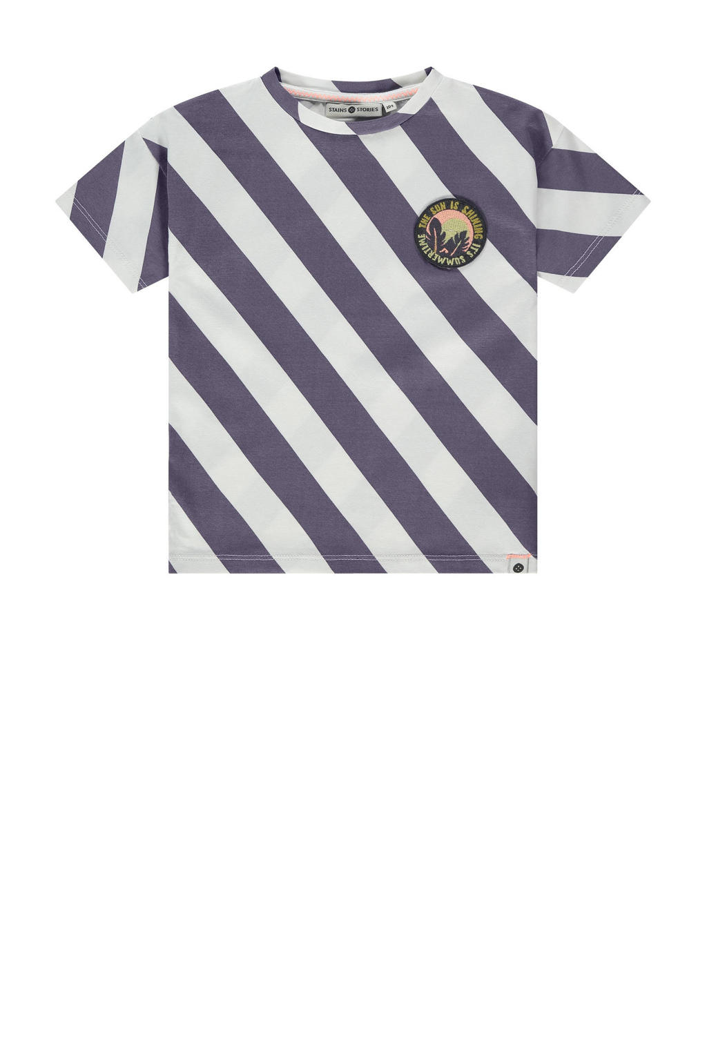 Paars, donkerpaars en grijze jongens Stains&Stories gestreept T-shirt van stretchkatoen met korte mouwen, ronde hals en drukknoopsluiting