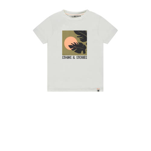 Stains&Stories T-shirt met printopdruk offwhite/groen/zwart Wit Jongens Stretchkatoen Ronde hals - 104
