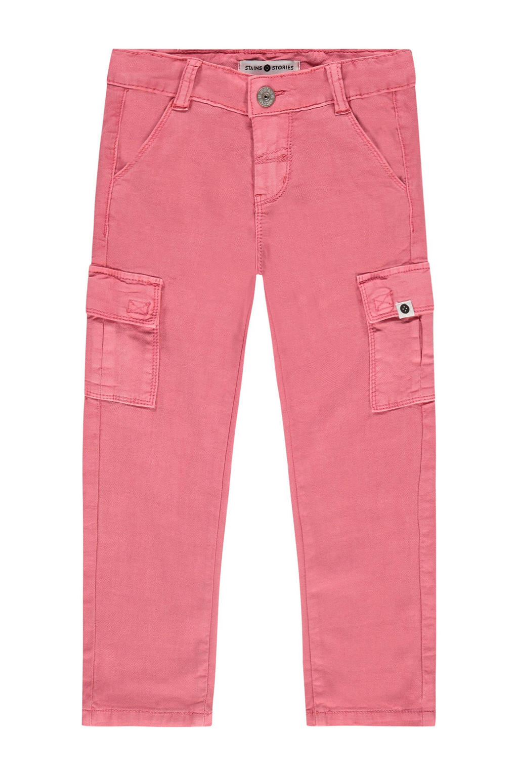 Roze meisjes Stains&Stories regular fit cargobroek van katoen met rits- en haaksluiting en effen