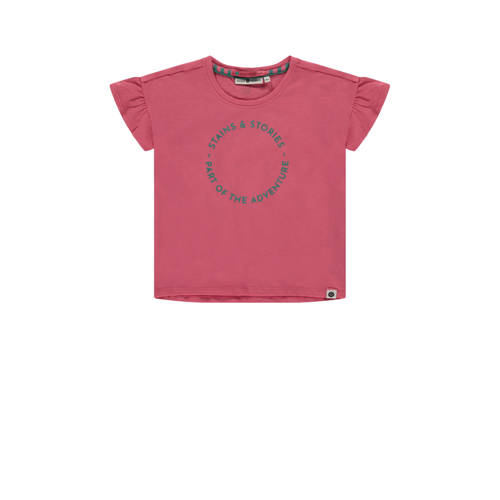 Stains&Stories T-shirt met tekst donkerroze Meisjes Stretchkatoen Ronde hals - 104