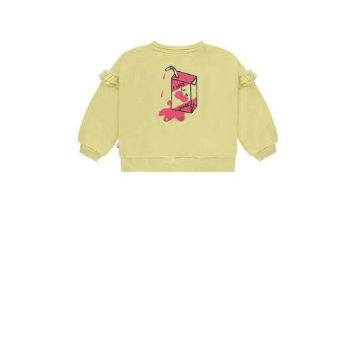 Stains&Stories sweater met printopdruk en ruches lichtgeel roze Meisjes Katoen Ronde hals 86