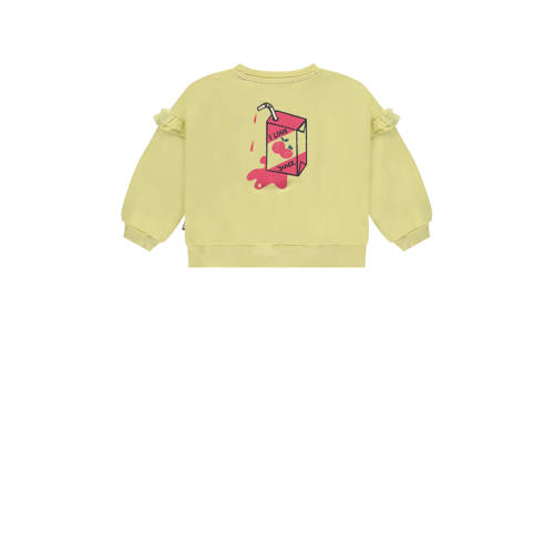 Stains&Stories sweater met printopdruk en ruches lichtgeel roze Meisjes Biologisch katoen Ronde hals 104