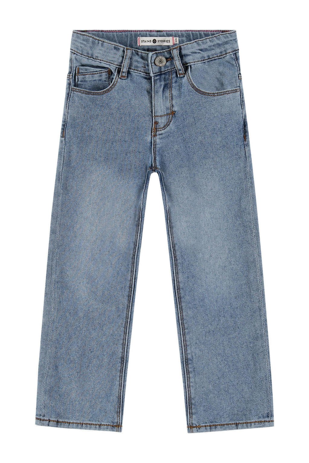 Blauwe meisjes Stains&Stories loose fit jeans van stretchdenim met regular waist en rits- en haaksluiting