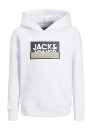 thumbnail: Witte jongens JACK & JONES JUNIOR hoodie van sweat materiaal met logo dessin, lange mouwen, capuchon en geribde boorden