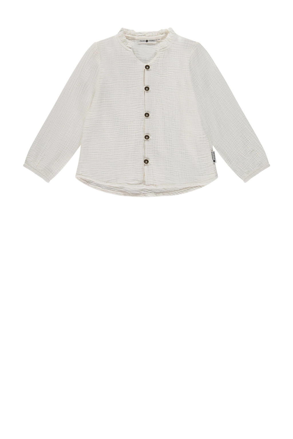 Witte meisjes Stains&Stories blouse van katoen met effen, lange mouwen, ronde hals en knoopsluiting