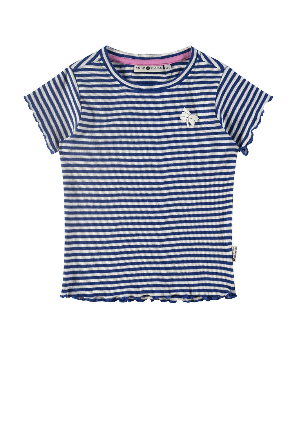 Blauw, donkerblauw en witte meisjes Stains&Stories gestreept T-shirt van stretchkatoen met korte mouwen, ronde hals en drukknoopsluiting