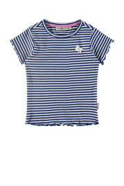 thumbnail: Blauw, donkerblauw en witte meisjes Stains&Stories gestreept T-shirt van stretchkatoen met korte mouwen, ronde hals en drukknoopsluiting