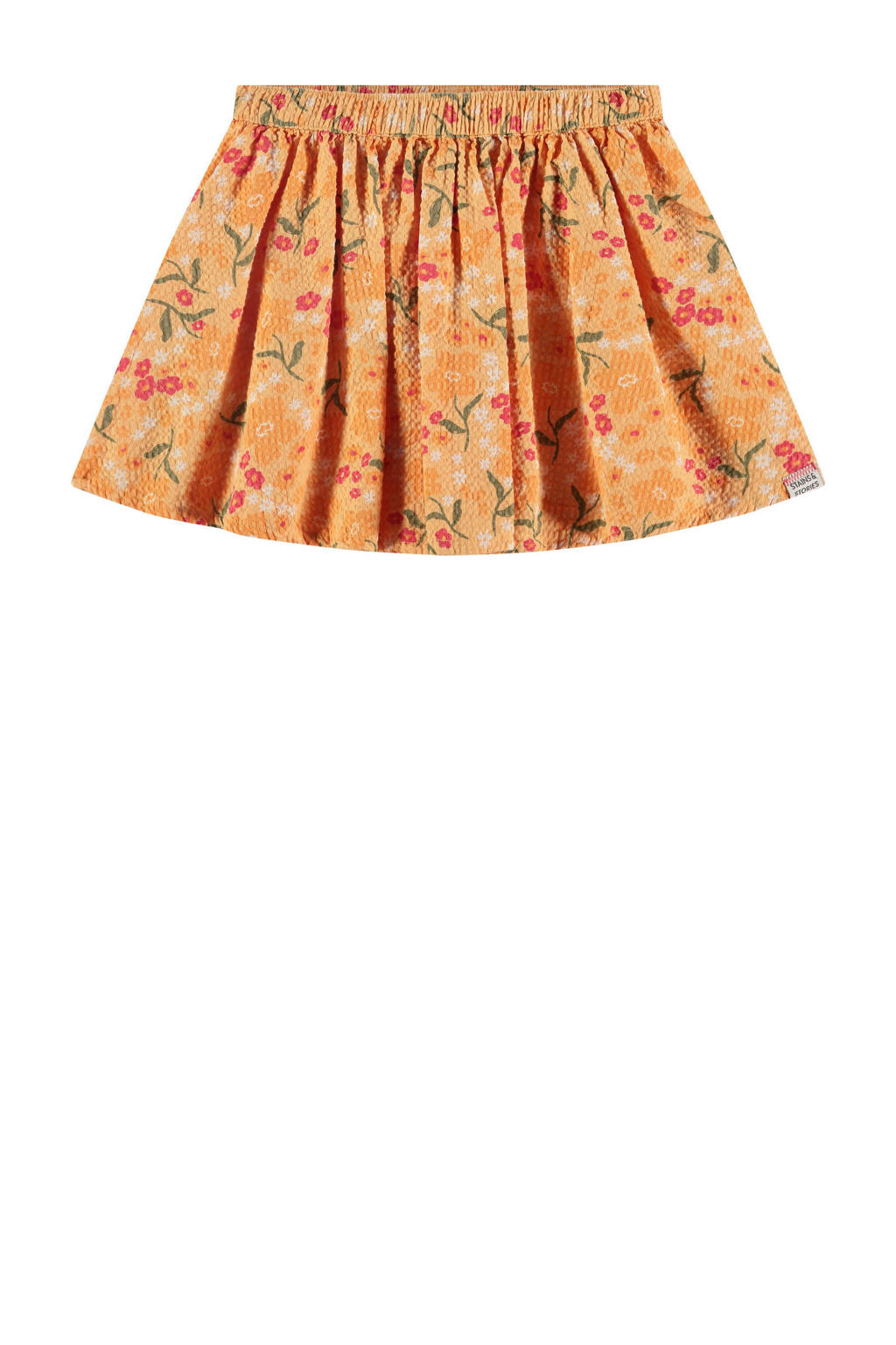 Oranje en groene meisjes Stains&Stories rok met all over print en plooien voorzien van elastische tailleband