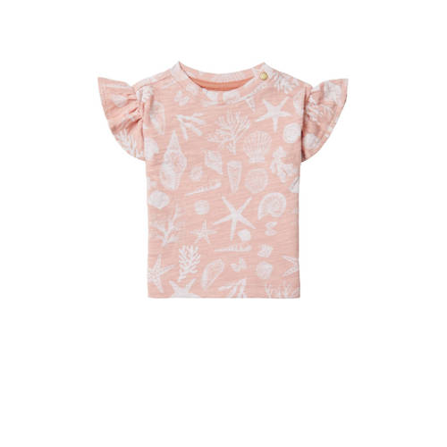 Noppies baby T-shirt met all over print en ruches roze Meisjes Biologisch katoen Ronde hals