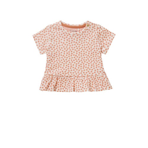 Noppies baby T-shirt met all over print en ruches oranje Meisjes Biologisch katoen Ronde hals