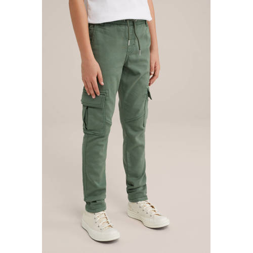 WE Fashion geruite slim fit cargobroek olijf groen Jongens Stretchkatoen 176