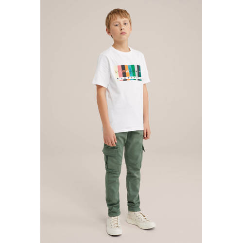 WE Fashion geruite slim fit cargobroek olijf groen Jongens Stretchkatoen 176