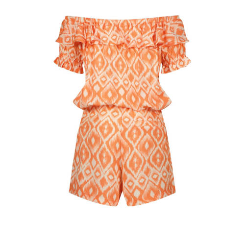 VINGINO off shoulder playsuit Phelena met all over print licht neonoranje wit 128