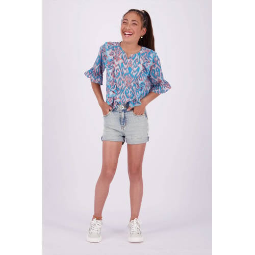 VINGINO T-shirt met all over print en ruches lichtblauw roze Meisjes Polyester V-hals 152