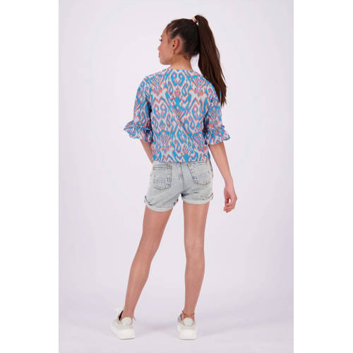 VINGINO T-shirt met all over print en ruches lichtblauw roze Meisjes Polyester V-hals 152