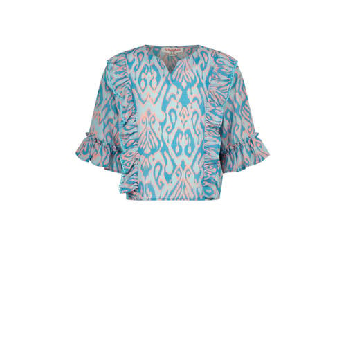 Vingino T-shirt met all over print en ruches lichtblauw/roze Meisjes Polyester V-hals