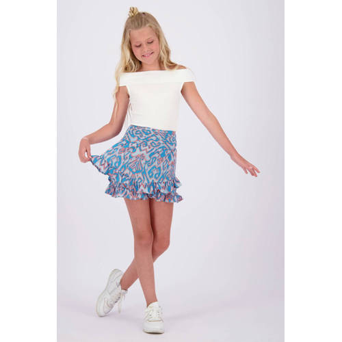 VINGINO skort met all over print en ruches lichtblauw roze Rok Meisjes Polyester 152