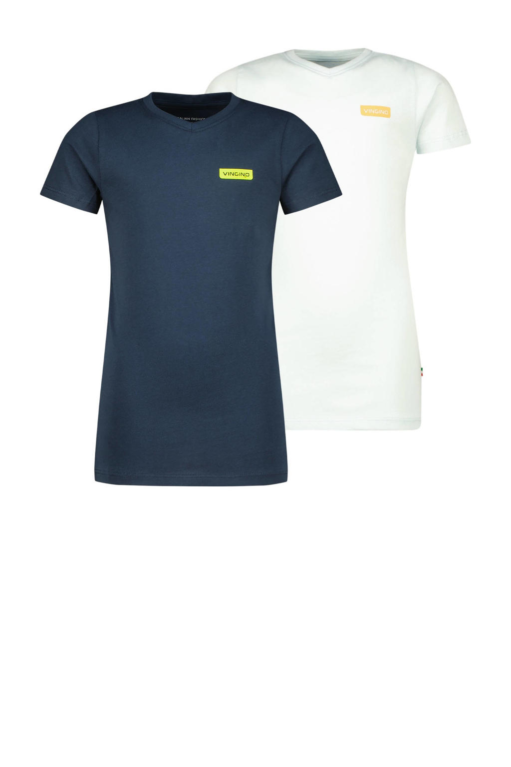 Set van 2 blauw, donkerblauw en mintgroene jongens Vingino T-shirt van katoen met effen, korte mouwen en V-hals