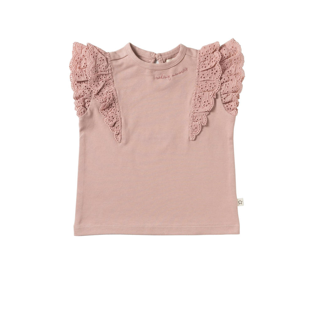 Roze meisjes Your Wishes T-shirt Piper van stretchkatoen met effen, korte mouwen, ronde hals en broderie