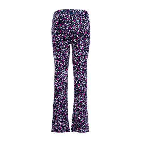 WE Fashion flared broek met all over print donkerblauw roze paars Meisjes Viscose 98