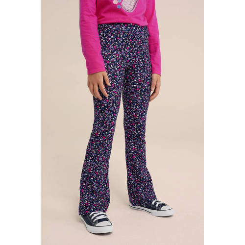 WE Fashion flared broek met all over print donkerblauw roze paars Meisjes Viscose 110